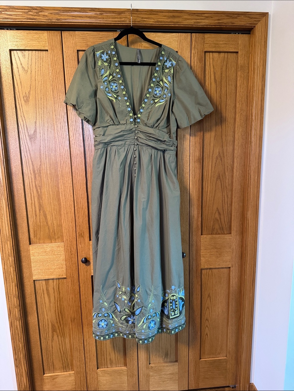 Anthropologie Olive Embroidered V-Neck Midi Dress with Blue Accents